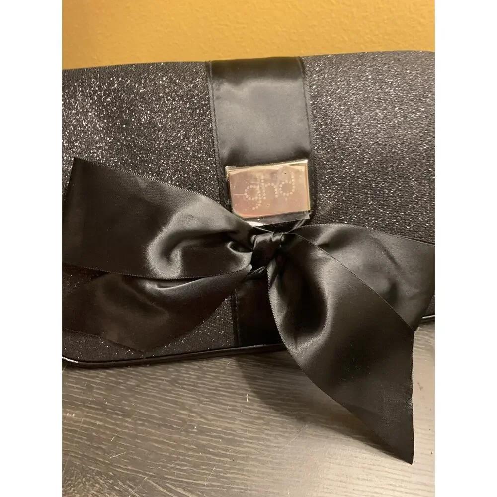 GHD Cosmetic Bag with Satin Bow Glitter Black And Silver Hair Styler Makeup Case